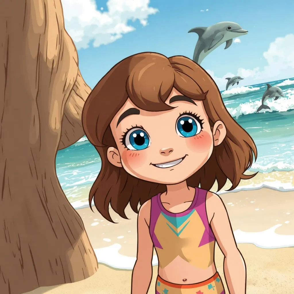A smiling 8-year-old girl with bright eyes standing on a beach, looking out at the ocean with wonder. In the background, dolphins can be seen jumping in the waves.