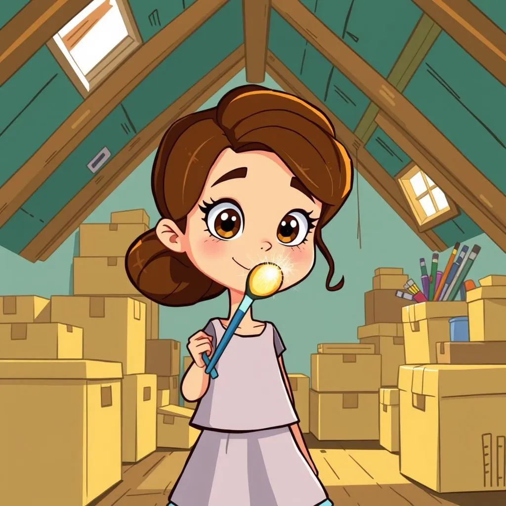 A sunny attic with boxes. Mila, a girl with brown hair and bright eyes, holds a sparkling paintbrush.