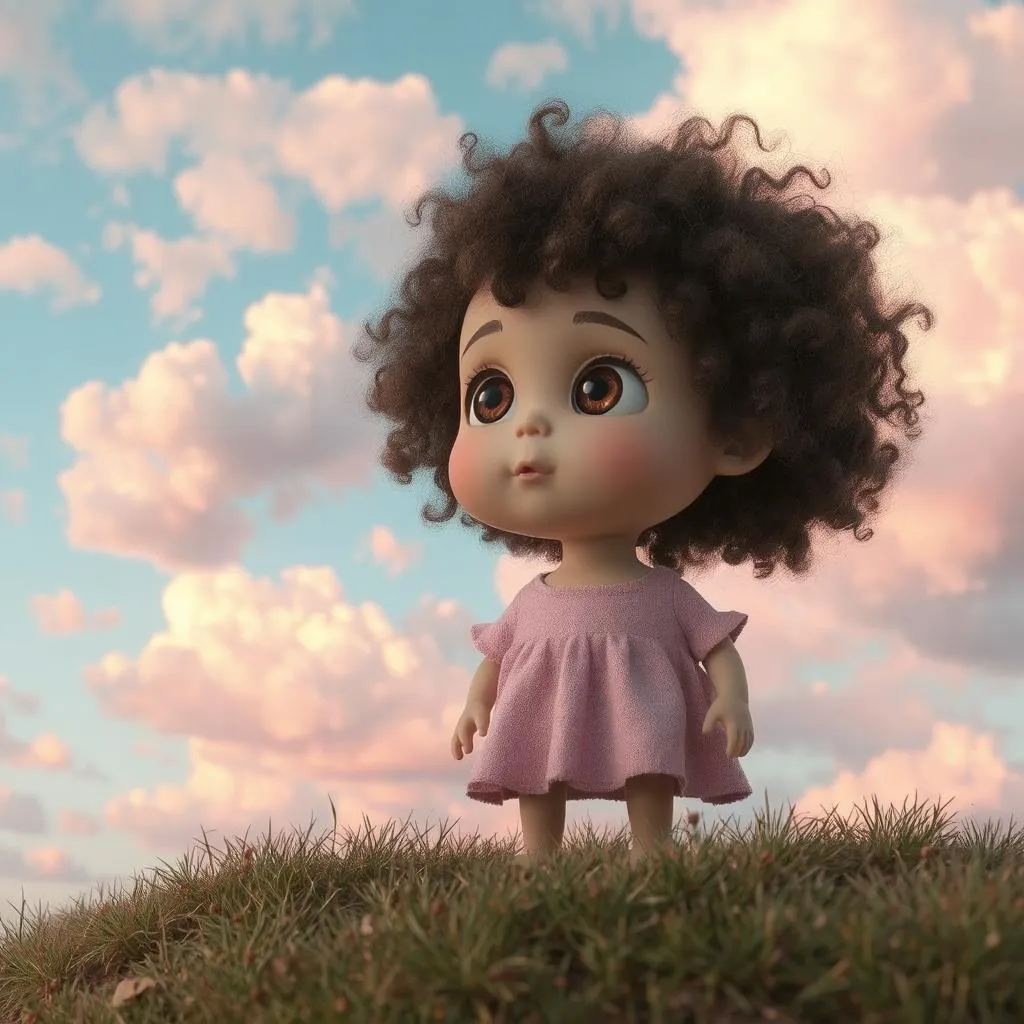 A wide-eyed little girl with curly hair standing on a hill, looking up at a colorful sky filled with oddly-shaped clouds in pastel colors.
