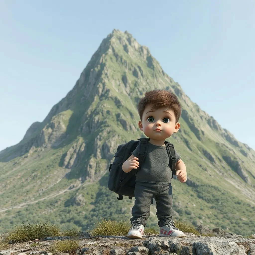 A young, slightly nervous-looking child with a backpack standing at the base of a tall, green mountain. The child should have an expression of both excitement and apprehension.