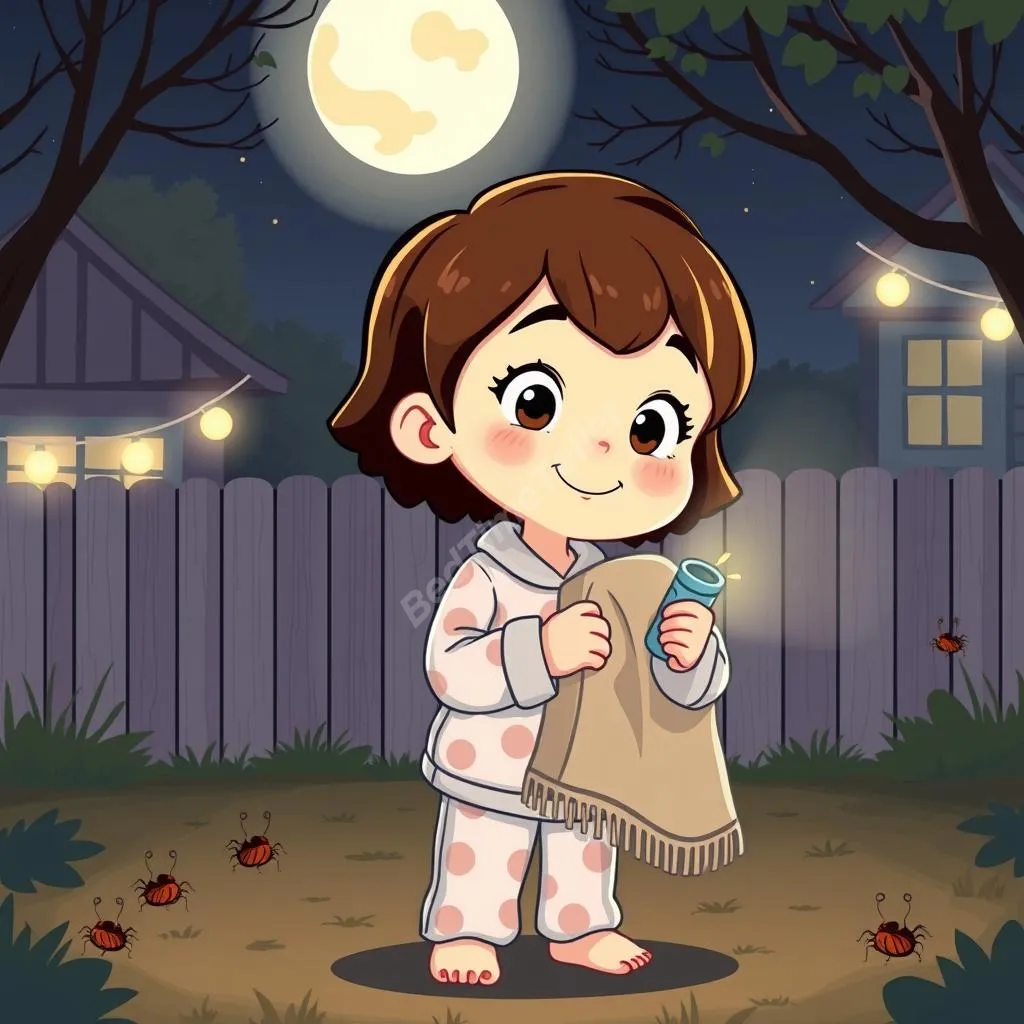 Girl explores backyard at night, discovering stars and learning about nature and counting.
