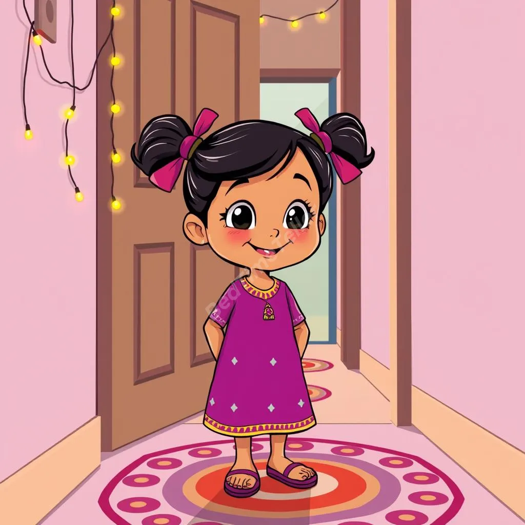 Young girl observes new neighbors, promoting empathy and cultural curiosity during Diwali celebrations