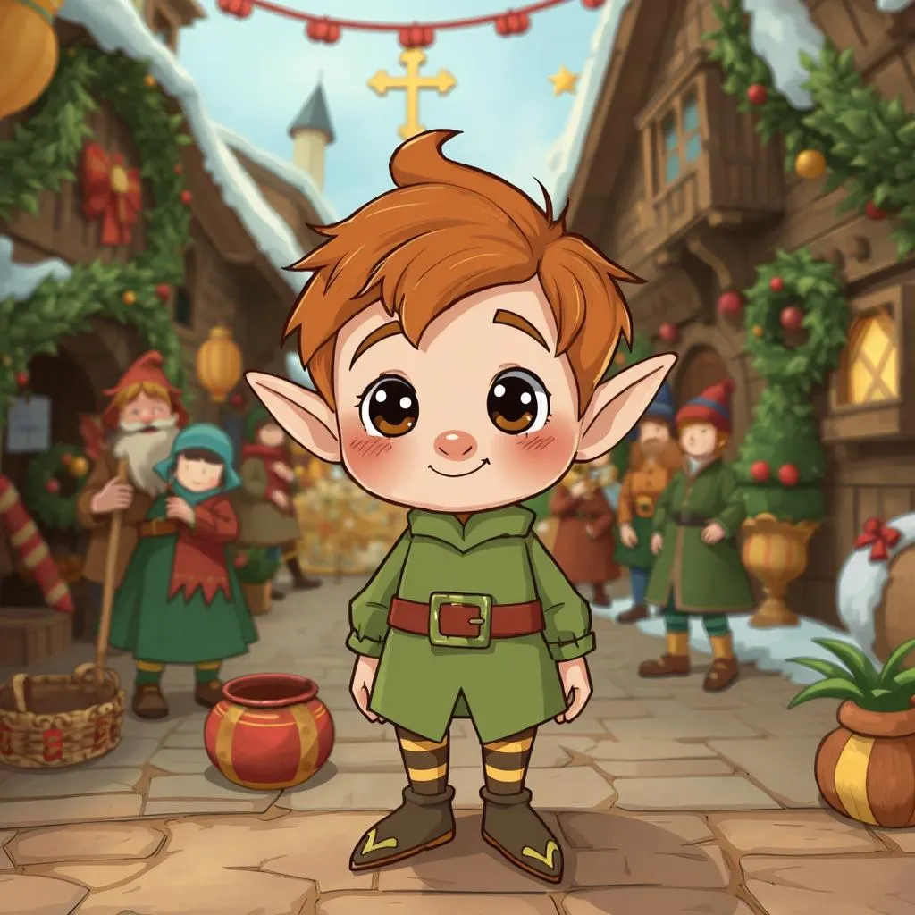 A tiny elf, no taller than a pencil, standing in a bustling village decorated for a holiday celebration. Villagers of various sizes are seen preparing in the background.