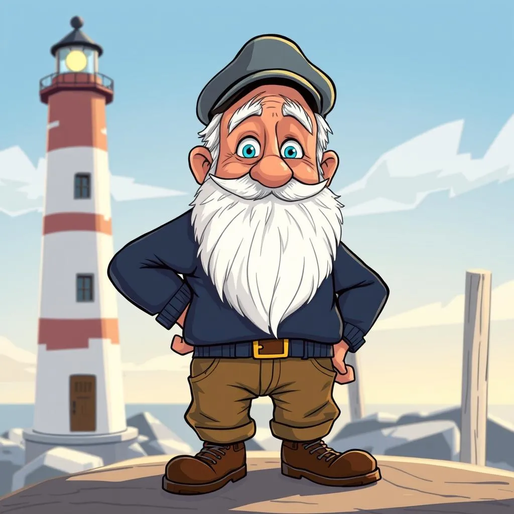 Lighthouse adventure: Kind-faced Pete, the keeper, embodies wisdom and teamwork for children.