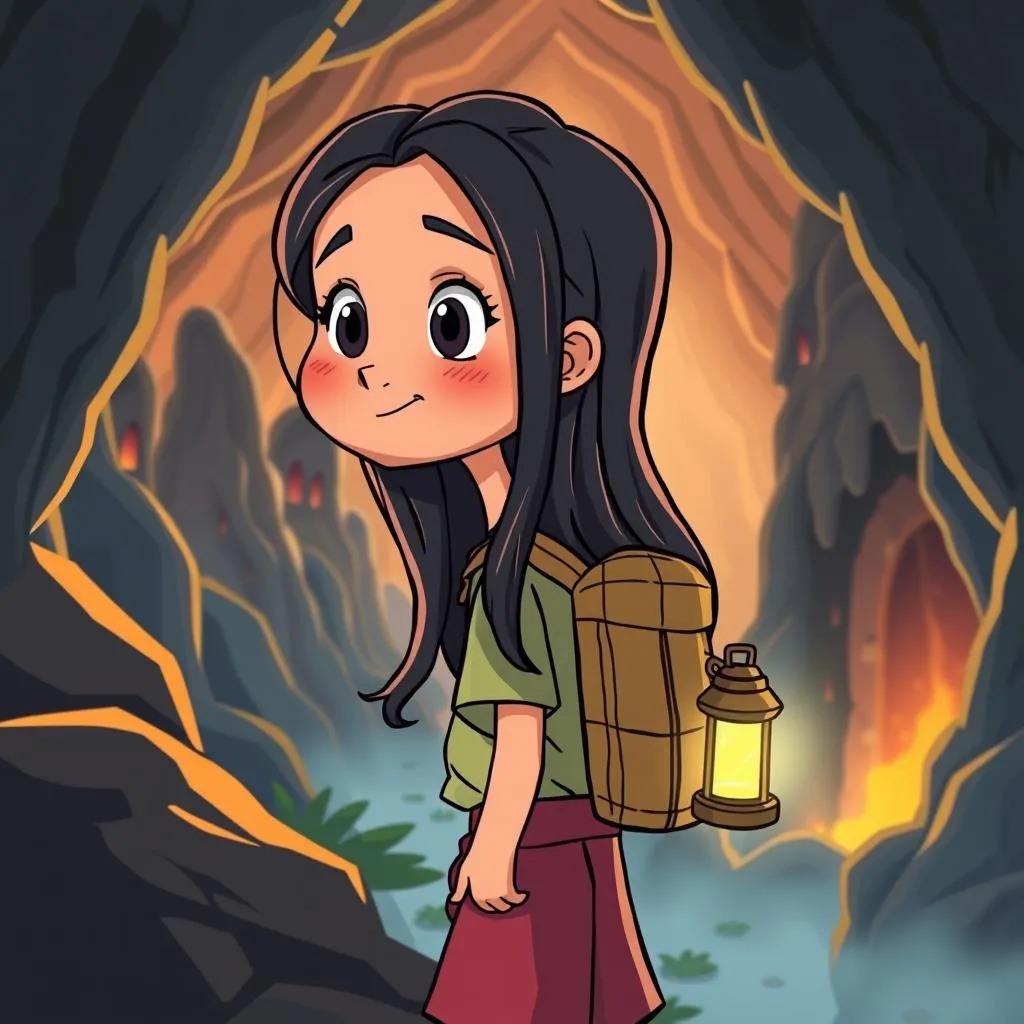 Lila at the village edge looking at mysterious caves