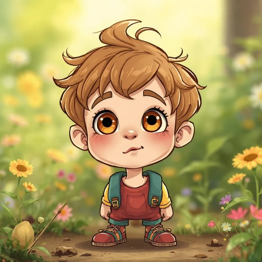 Sam: A curious child aged 5-7 with wide, wonder-filled eyes.