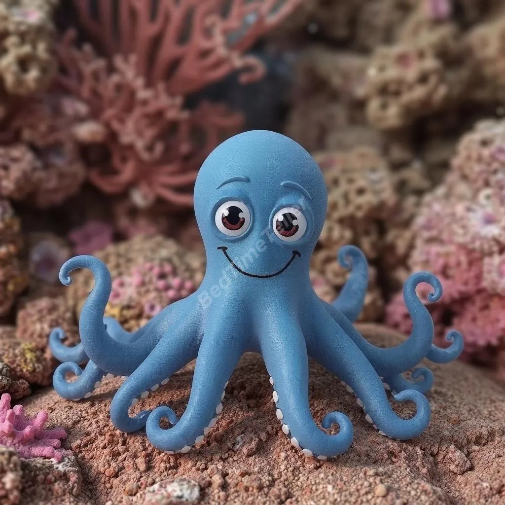 Cheerful Inky the octopus with eight arms, promoting imaginative counting and kindness.