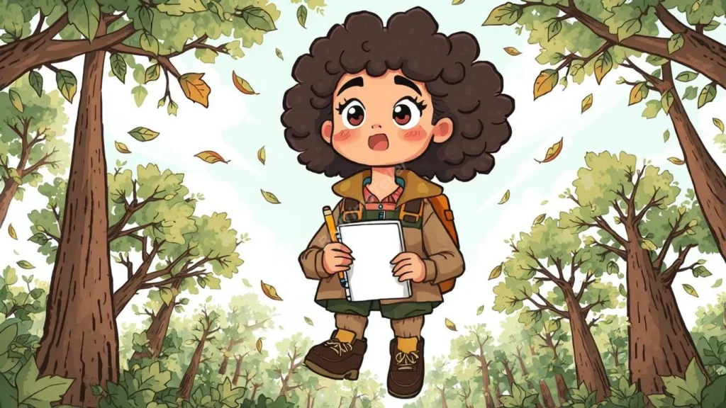 Curious girl explores gravity-defying forest, sparking problem-solving skills in children.